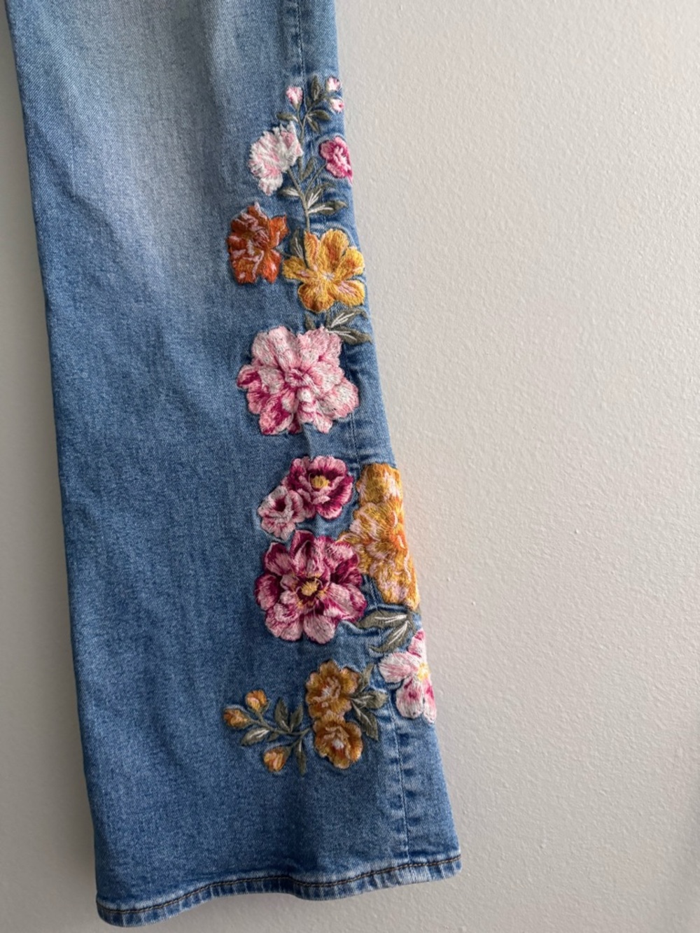 DRIFTWOOD Blue Boot Cut Jeans with Pink & Gold Floral Embroidery - Picture 5 of 13